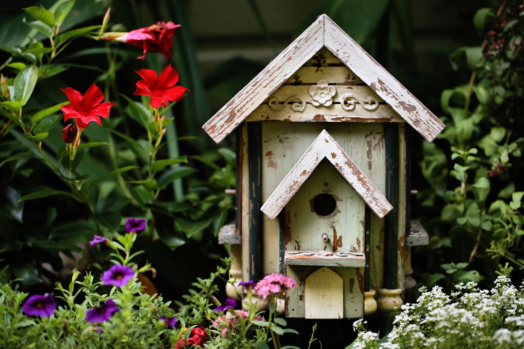 Heldergekleurd vogelvoederhuisje in herfsttuin.
